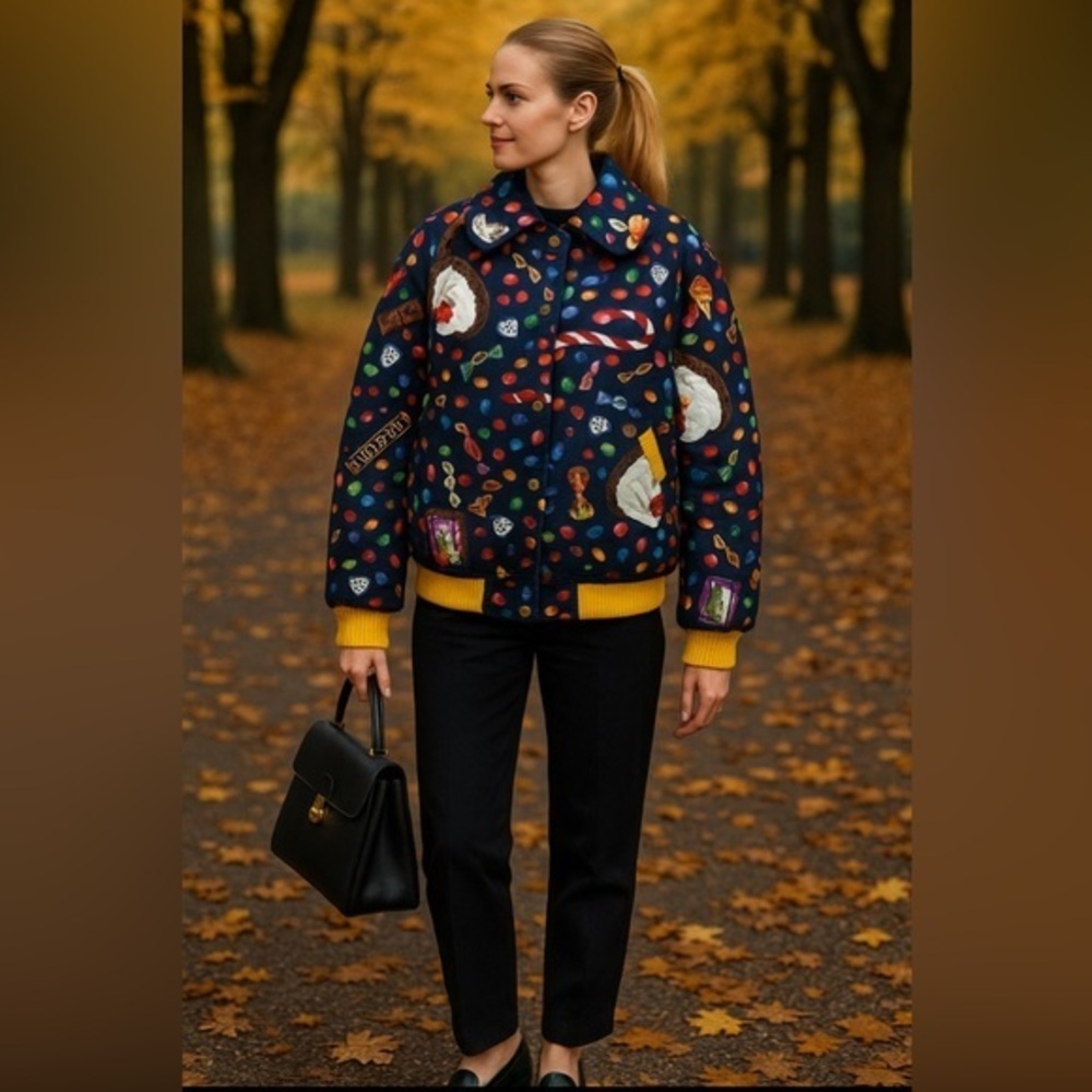 RARE Moschino vintage  bomber w/color candy print,snap&zipper front,pockets 🍭🍬
